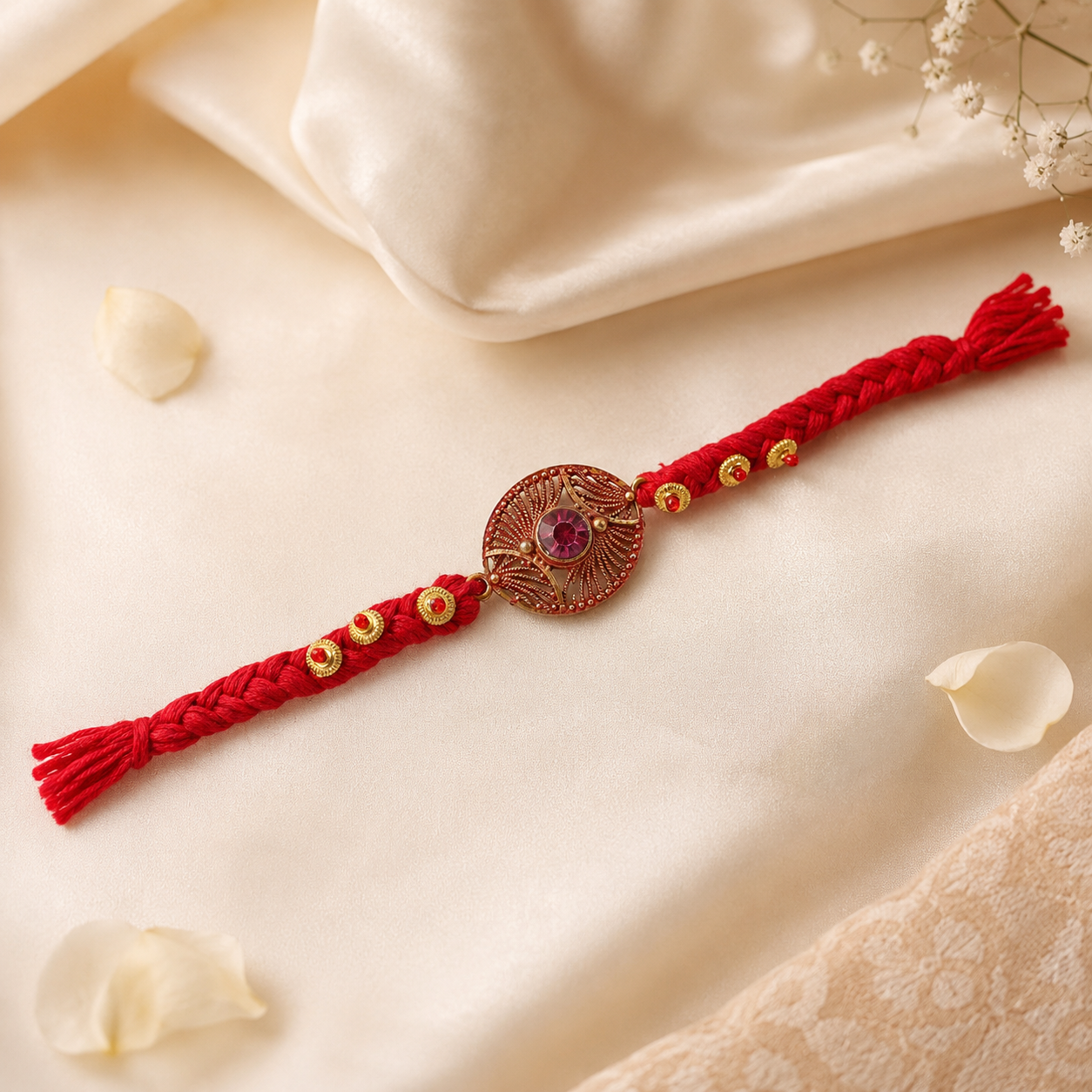 Handcrafted Woven Thread Rakhi with Purple Stone for Brother