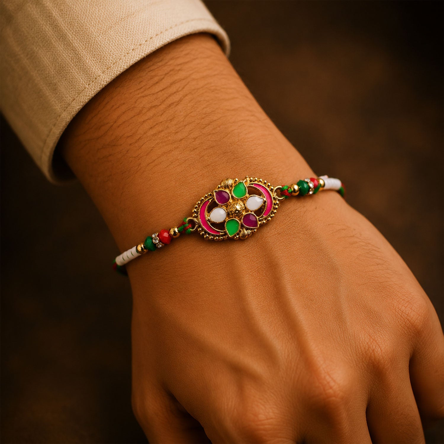 Colourful Oval Meenakari Rakhi with Beads for Brother - Raksha Bandhan Special