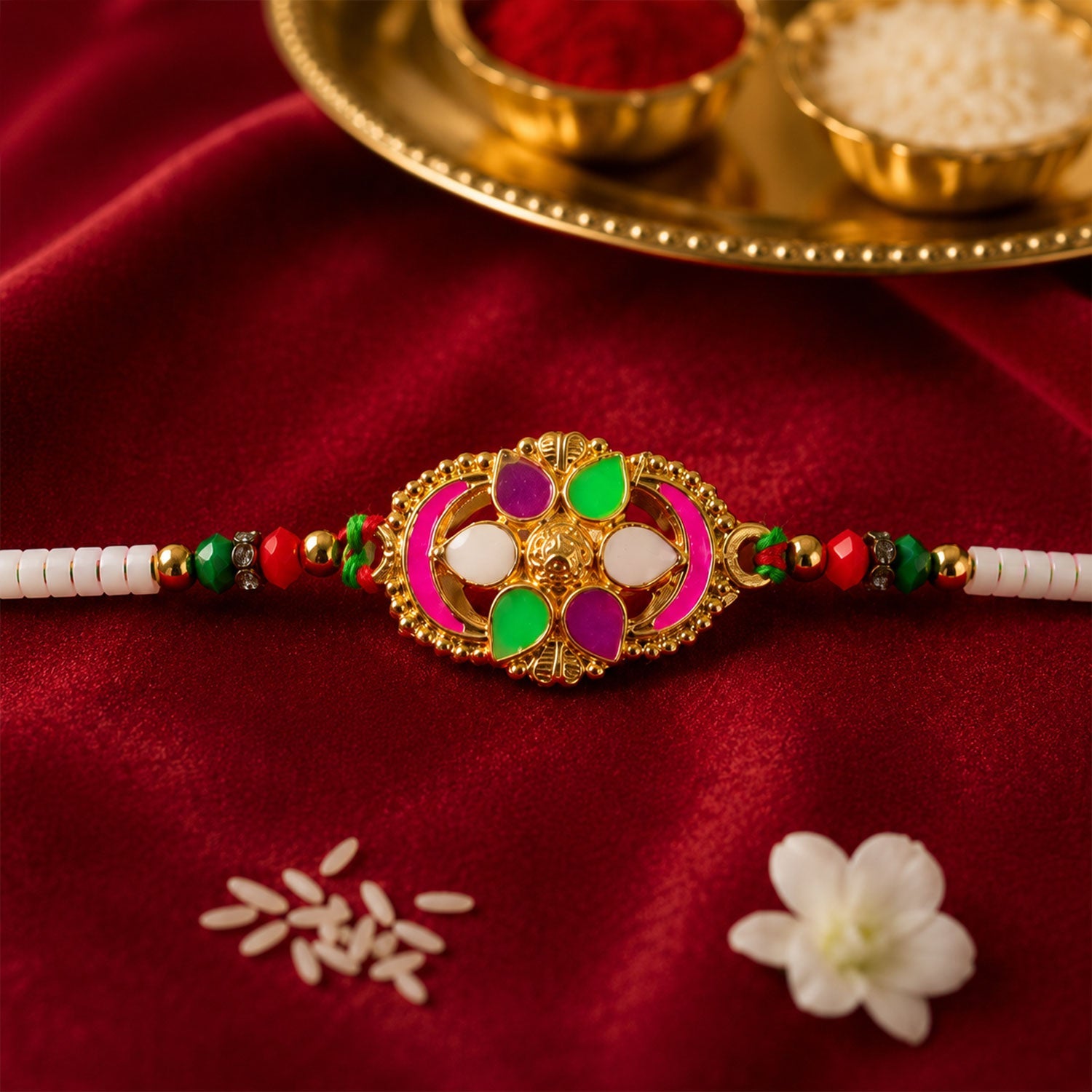 Colourful Oval Meenakari Rakhi with Beads for Brother - Raksha Bandhan Special