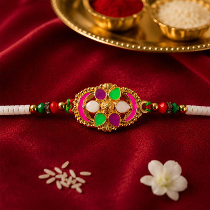Colourful Oval Meenakari Rakhi with Beads for Brother - Raksha Bandhan Special