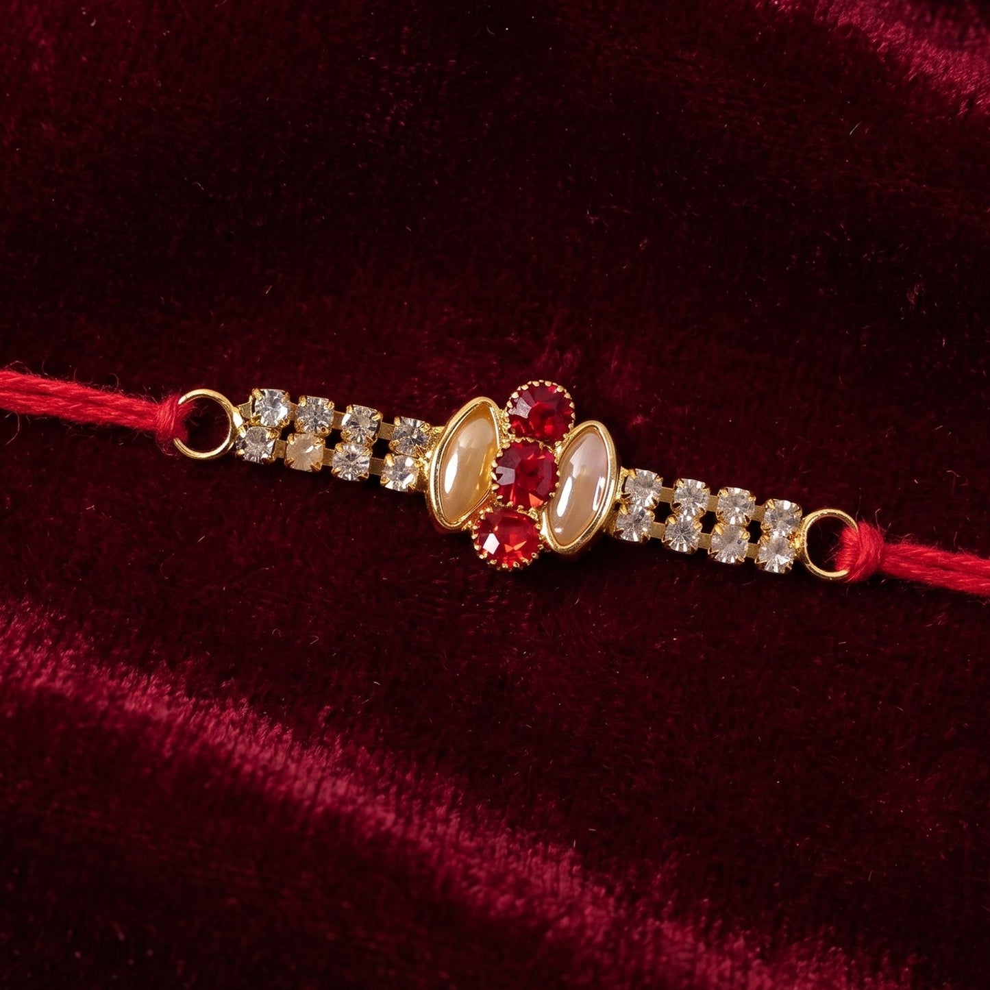 Close-up of gold rakhi with pink stone & AD studded details