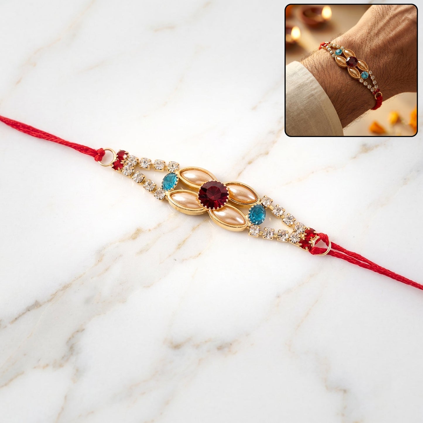 Designer Gold & Silver AD Stone Floral Rakhi for Brother