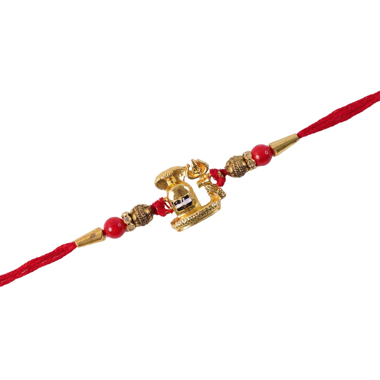 Traditional Golden Antique Shivling Motif Rakhi with Red Beads for Brother