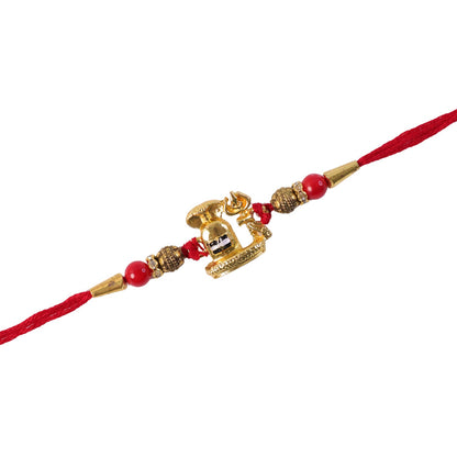 Traditional Golden Antique Shivling Motif Rakhi with Red Beads for Brother