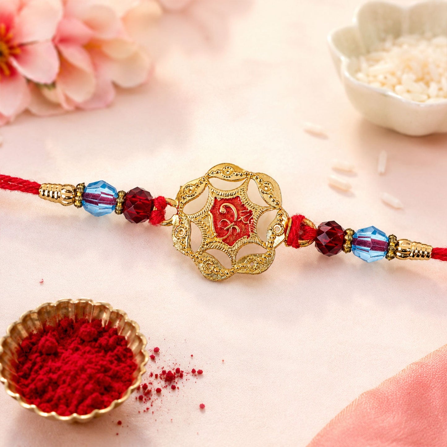 Golden Floral Rakhi with Red Stone & Crystal Beads for Brother