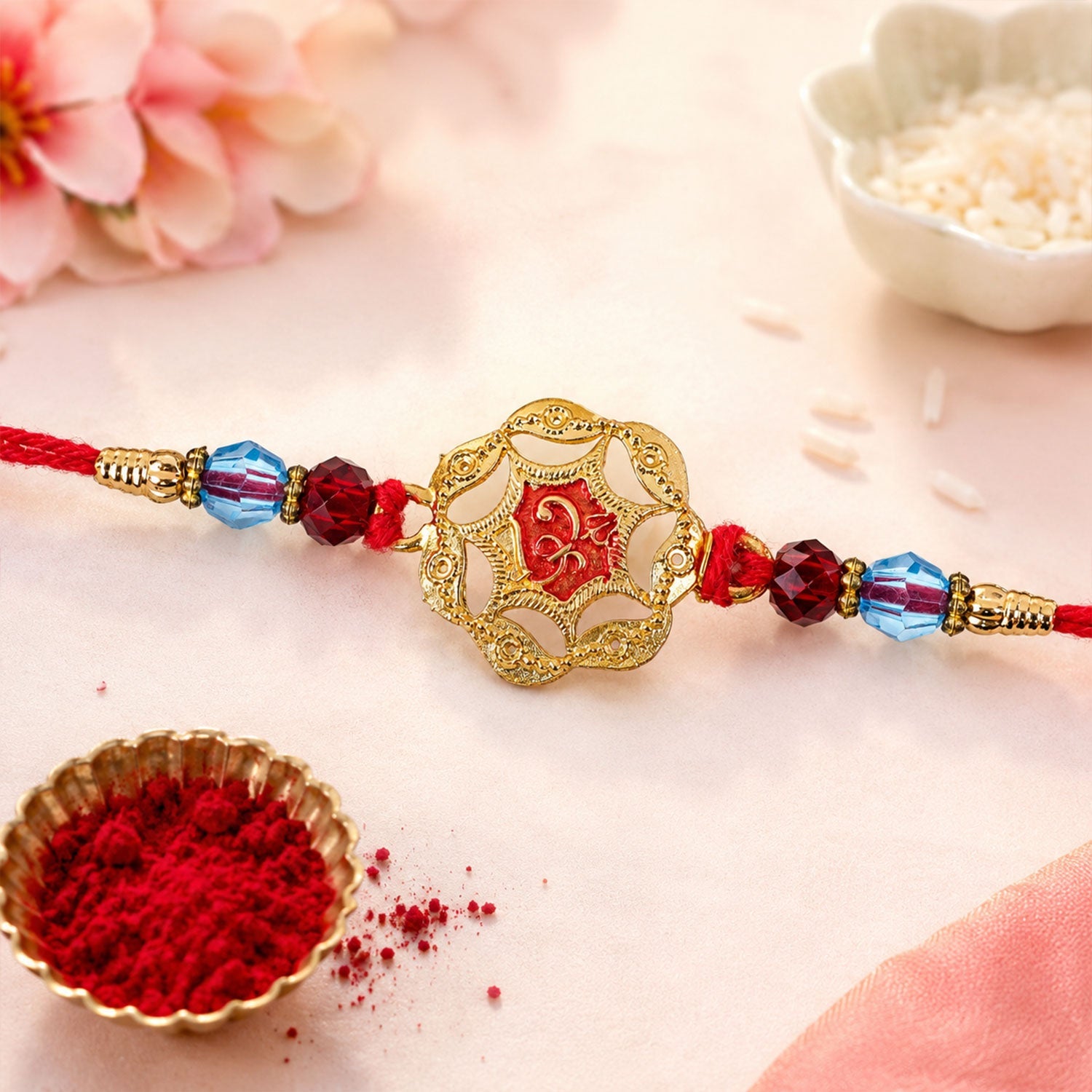 Golden Floral Rakhi with Red Stone & Crystal Beads for Brother