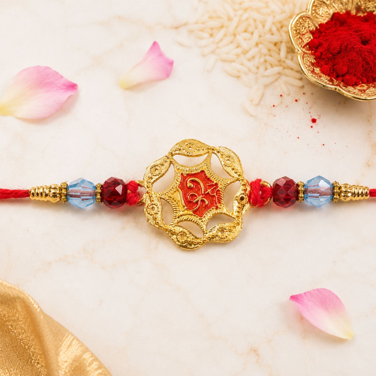 Golden Floral Rakhi with Red Stone & Crystal Beads for Brother