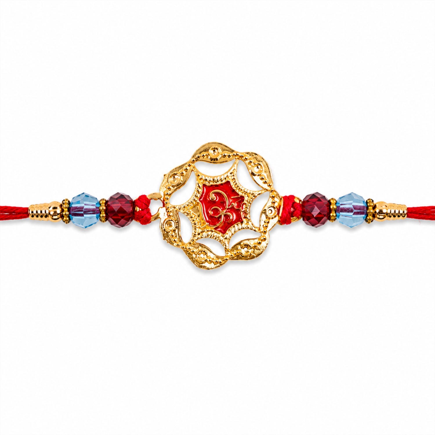 Golden Floral Rakhi with Red Stone & Crystal Beads for Brother