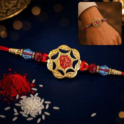Golden Floral Rakhi with Red Stone & Crystal Beads for Brother