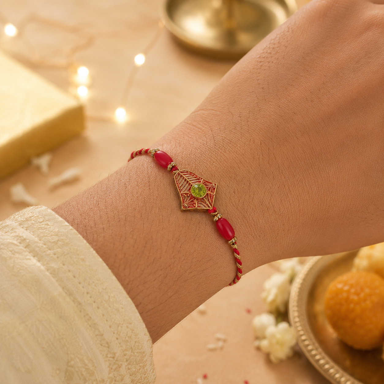 Golden Floral Rakhi with Green Stone & Red Beads for Brother