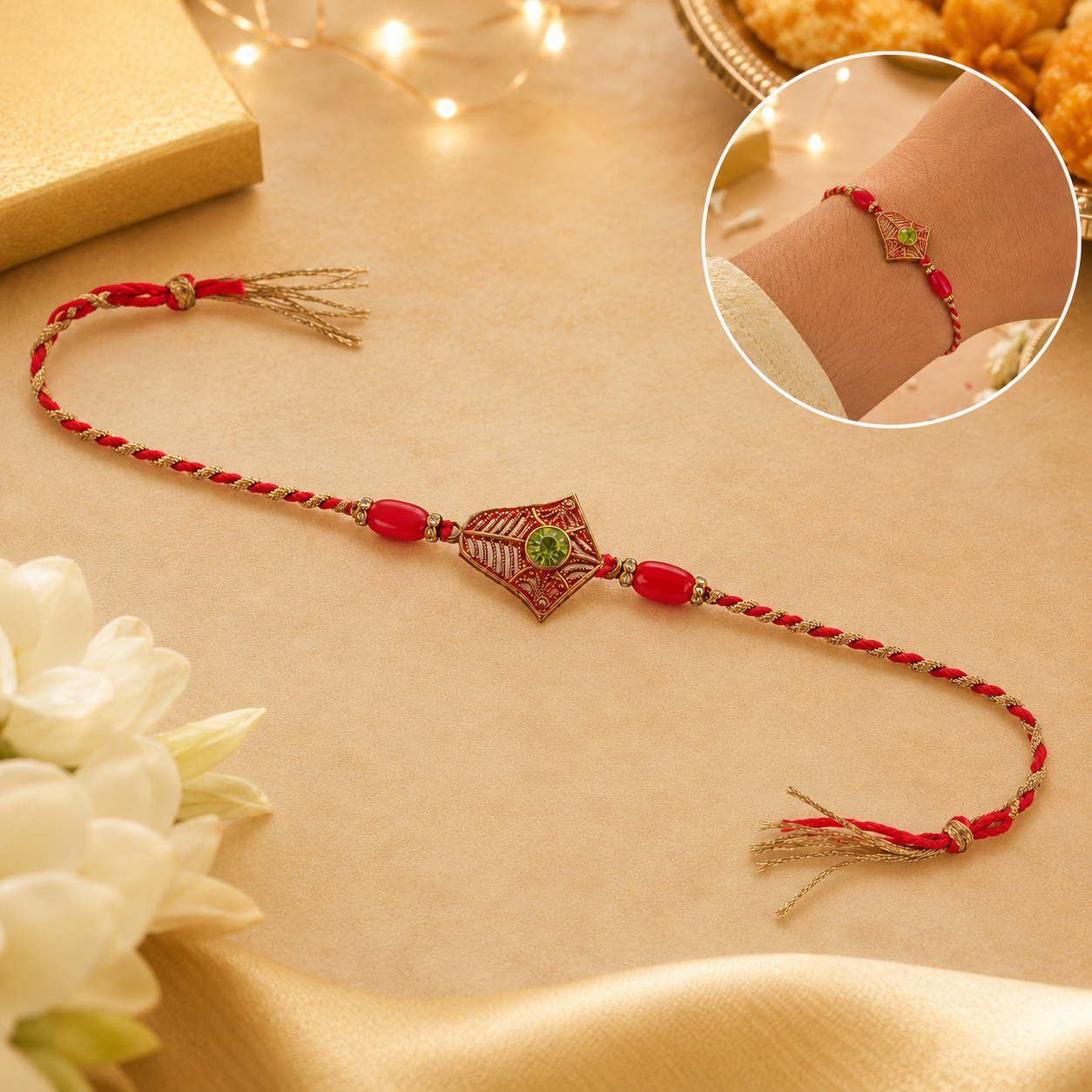 Golden Floral Rakhi with Green Stone & Red Beads for Brother