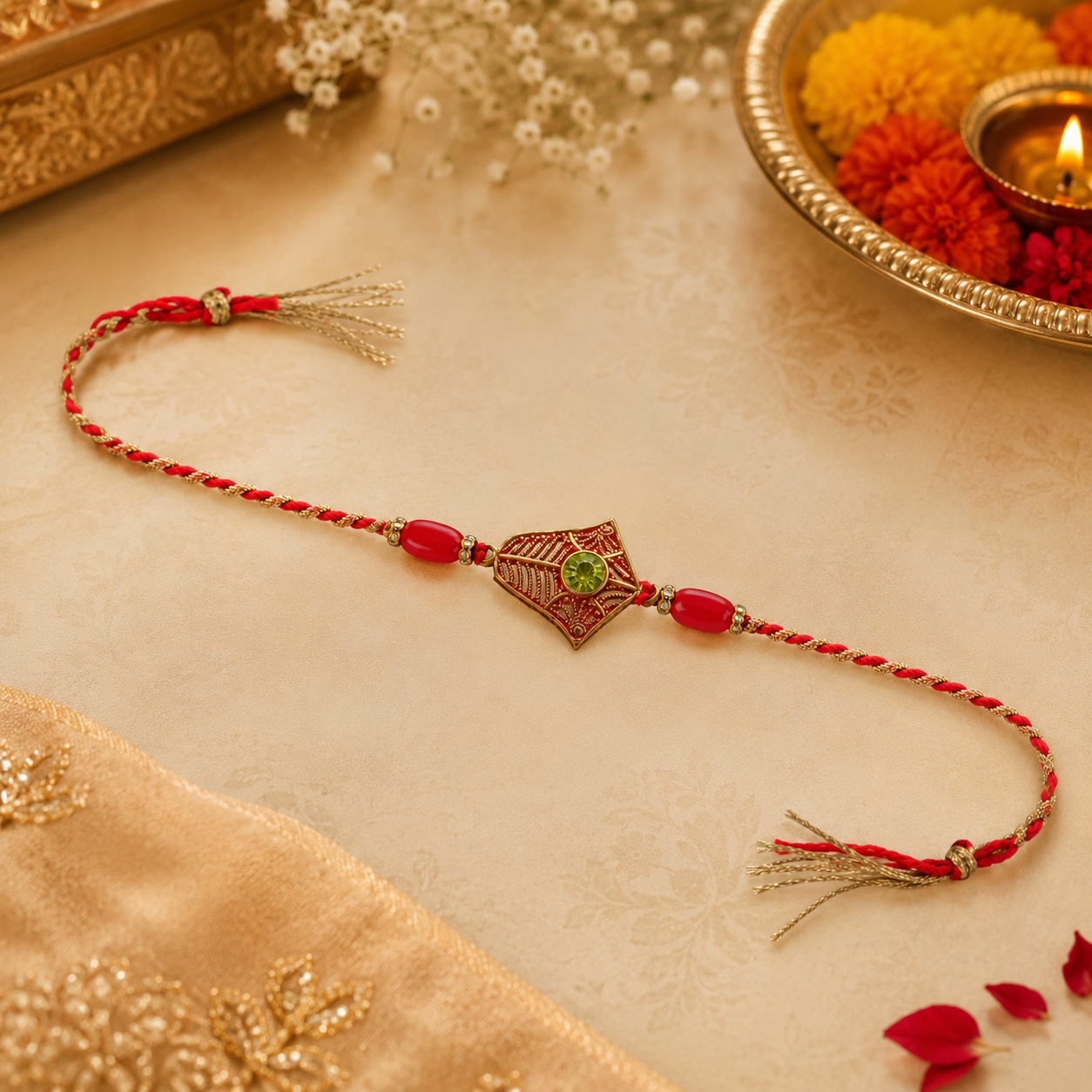 Golden Floral Rakhi with Green Stone & Red Beads for Brother