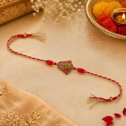 Golden Floral Rakhi with Green Stone & Red Beads for Brother