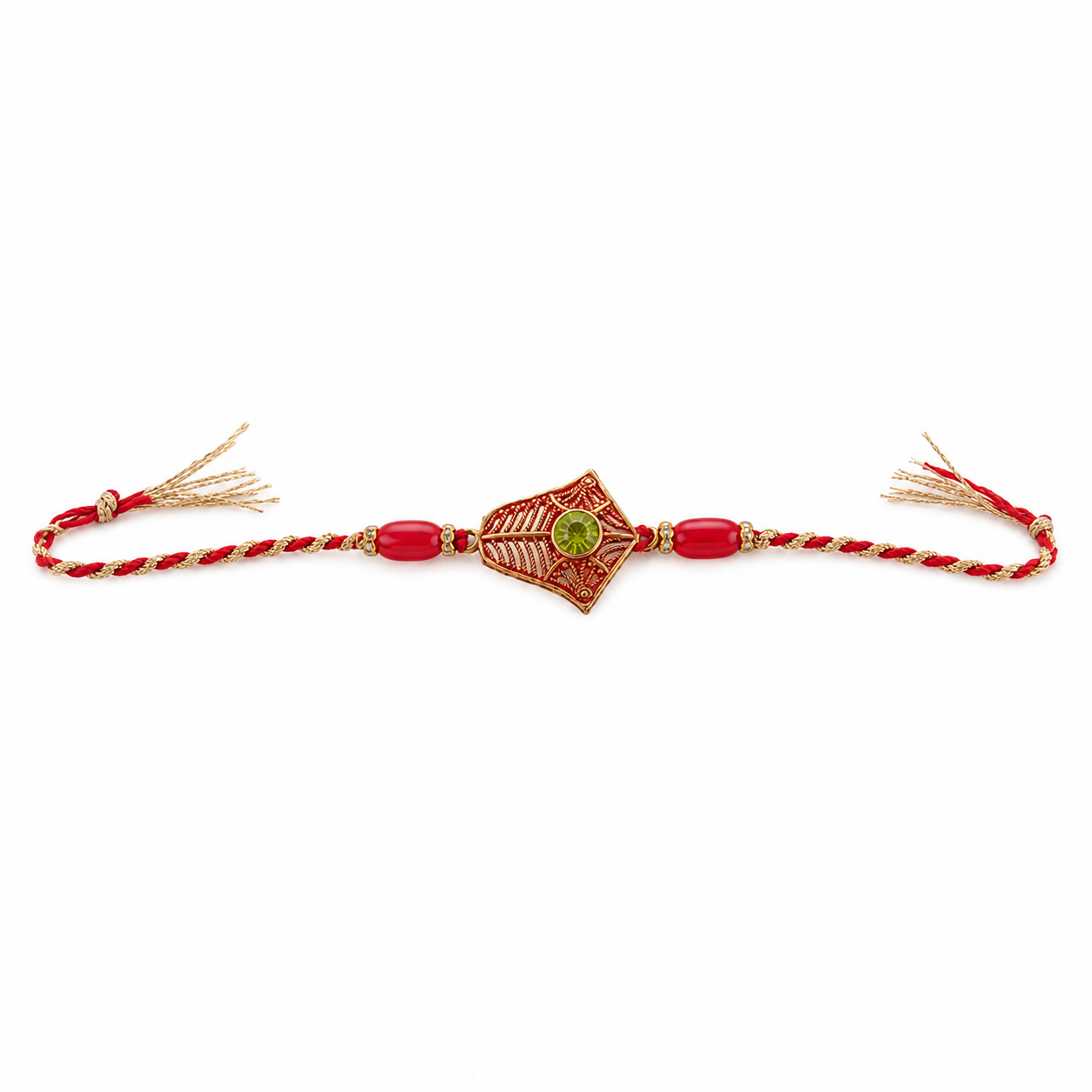 Golden Floral Rakhi with Green Stone & Red Beads for Brother