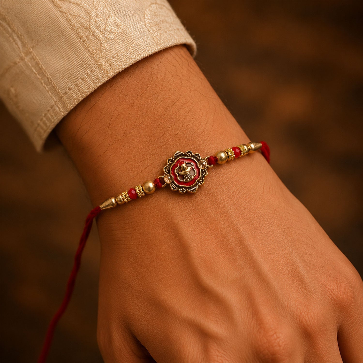 Golden Meenakari Floral Rakhi with Crystal Beads for Brother