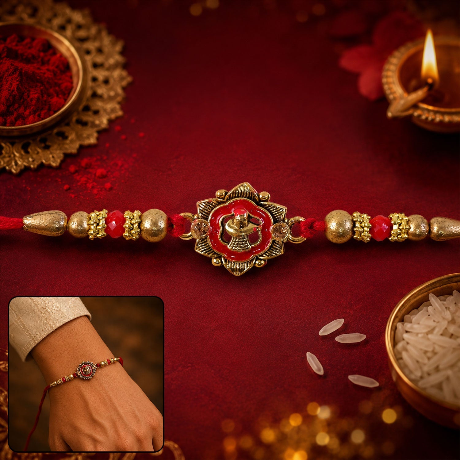Golden Meenakari Floral Rakhi with Crystal Beads for Brother