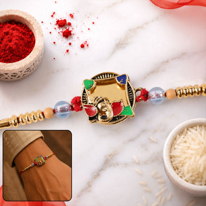 Golden Elephant Rakhi with Colourful Stones for Brother