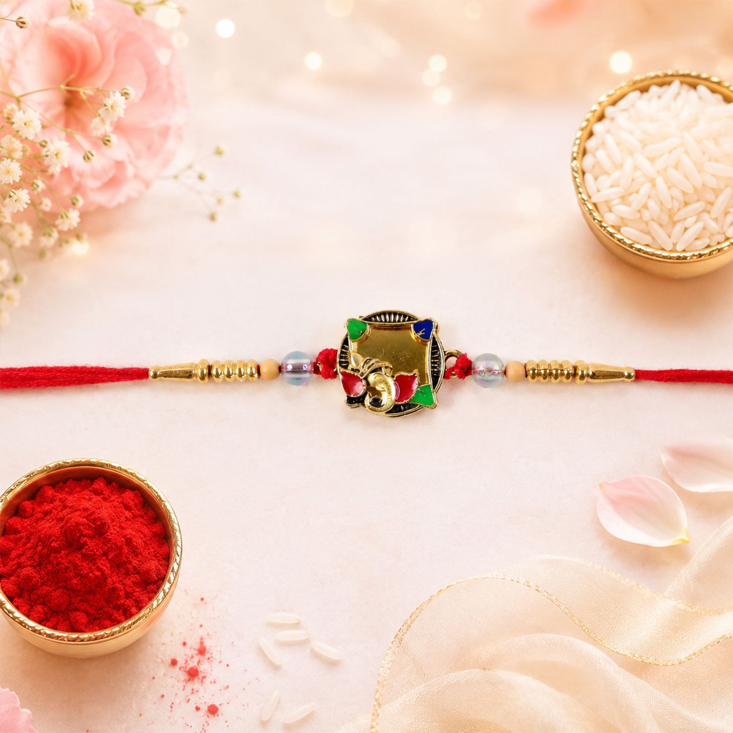 Golden Elephant Rakhi with Colourful Stones for Brother