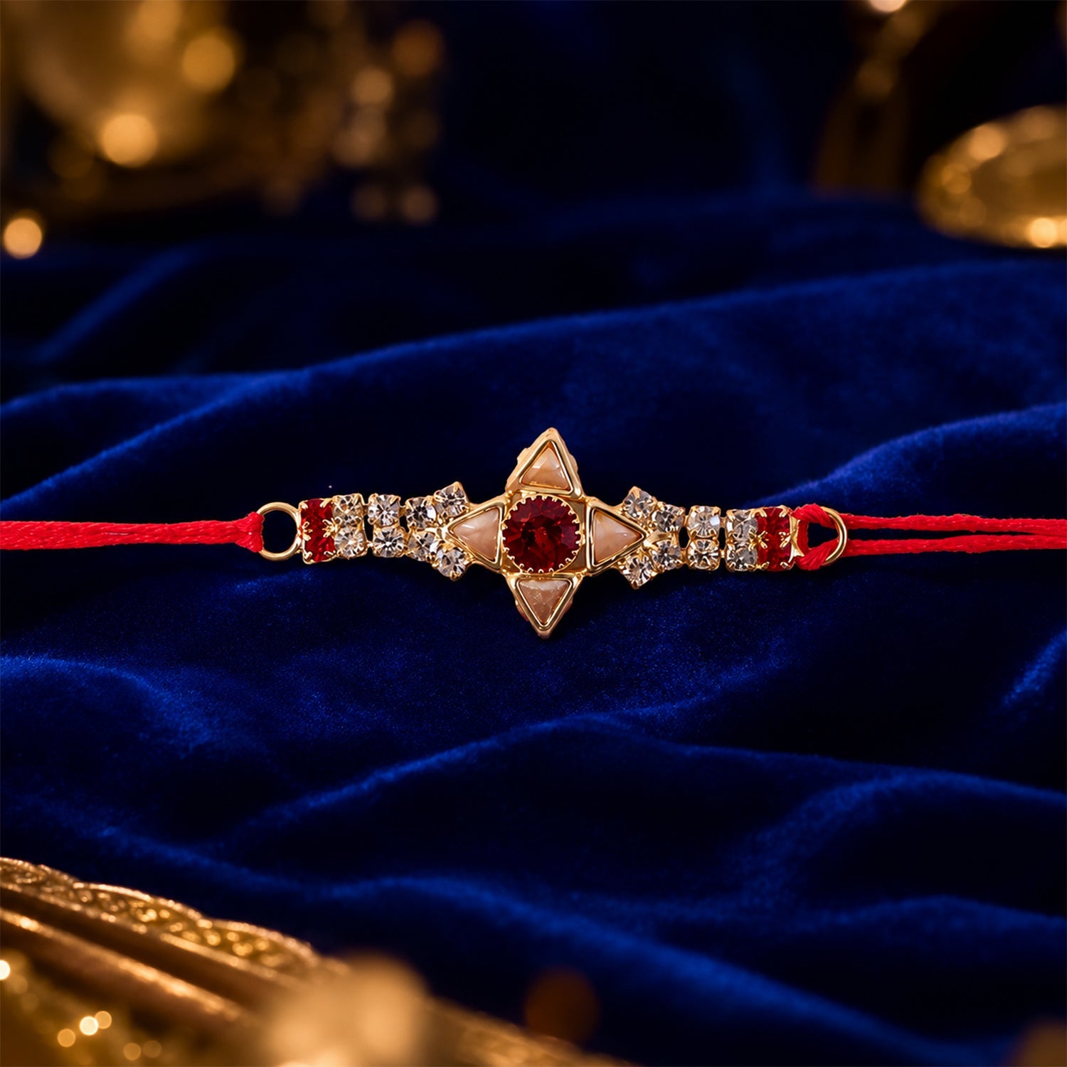 Sparkling Gold Marquise Rakhi with Red Stone & AD for Brother