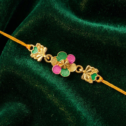 Golden Meenakari Flower Rakhi with Leaf Design for Brother
