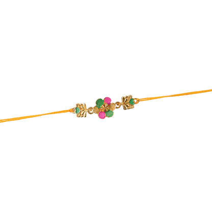 Golden Meenakari Flower Rakhi with Leaf Design for Brother
