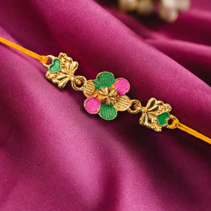 Golden Meenakari Flower Rakhi with Leaf Design for Brother
