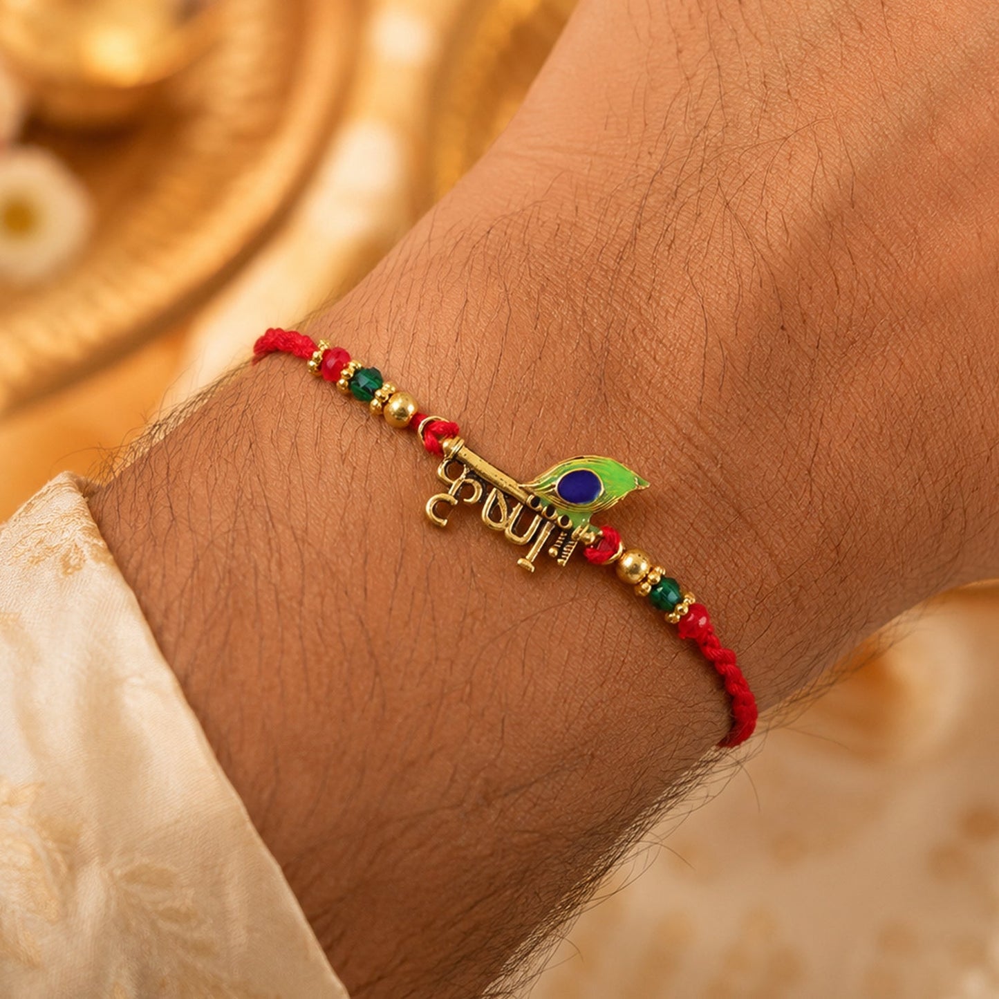 Lord Krishna Text Rakhi with Peacock Feather for Brother