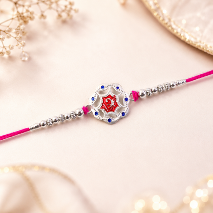 Silver-Tone Floral Rakhi with Red Stone for Brother - Rakshabandhan Gift