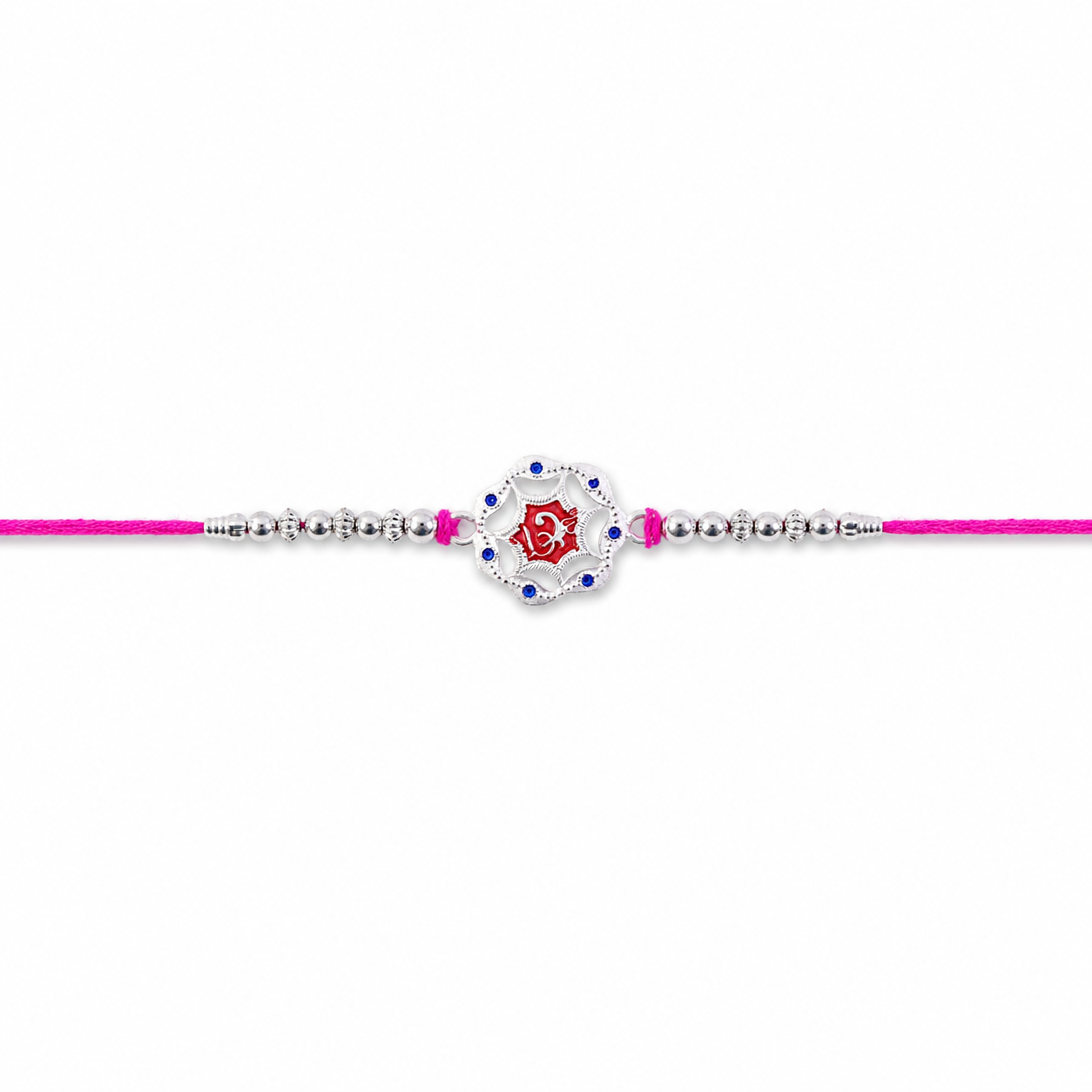 Silver-Tone Floral Rakhi with Red Stone for Brother - Rakshabandhan Gift