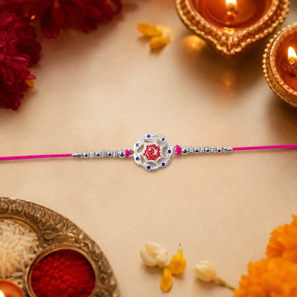 Silver-Tone Floral Rakhi with Red Stone for Brother - Rakshabandhan Gift