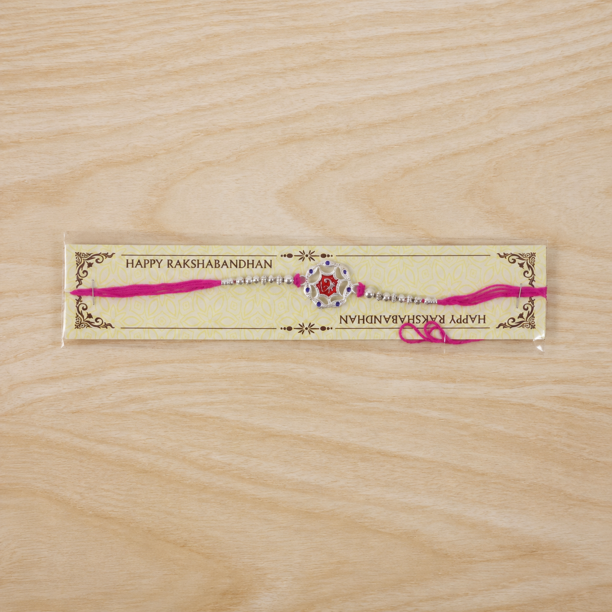 Silver-Tone Floral Rakhi with Red Stone for Brother - Rakshabandhan Gift