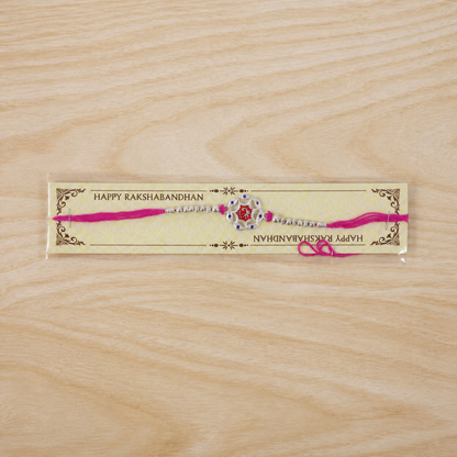 Silver-Tone Floral Rakhi with Red Stone for Brother - Rakshabandhan Gift