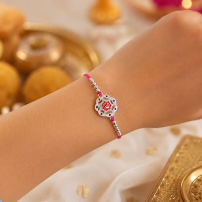 Silver-Tone Floral Rakhi with Red Stone for Brother - Rakshabandhan Gift