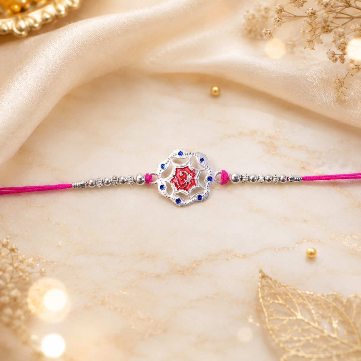 Silver-Tone Floral Rakhi with Red Stone for Brother - Rakshabandhan Gift