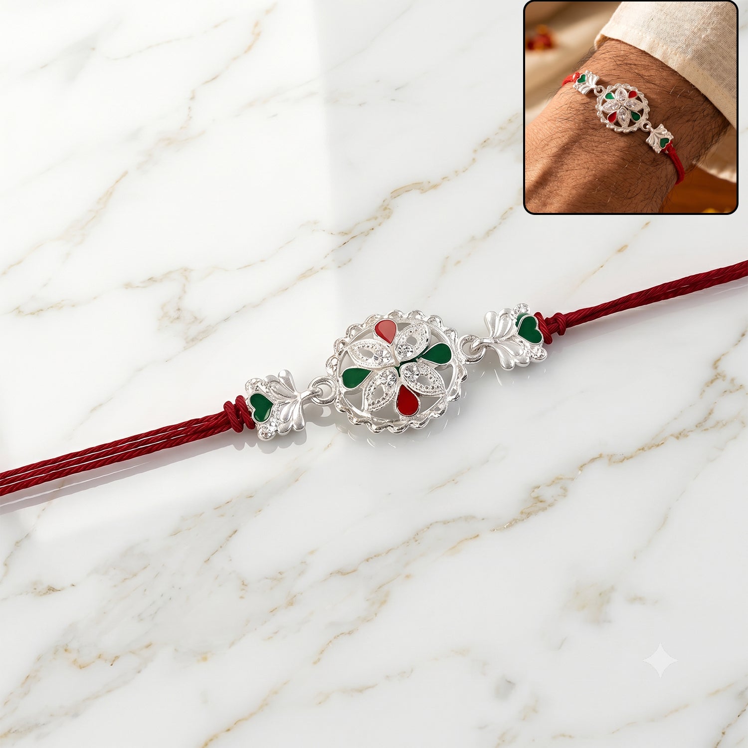 Oxidised Silver Meenakari Floral Rakhi for Brother