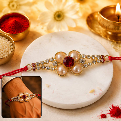 Designer Gold Pearl Flower Rakhi with AD Stones for Brother