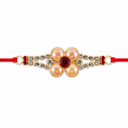 Designer Gold Pearl Flower Rakhi with AD Stones for Brother