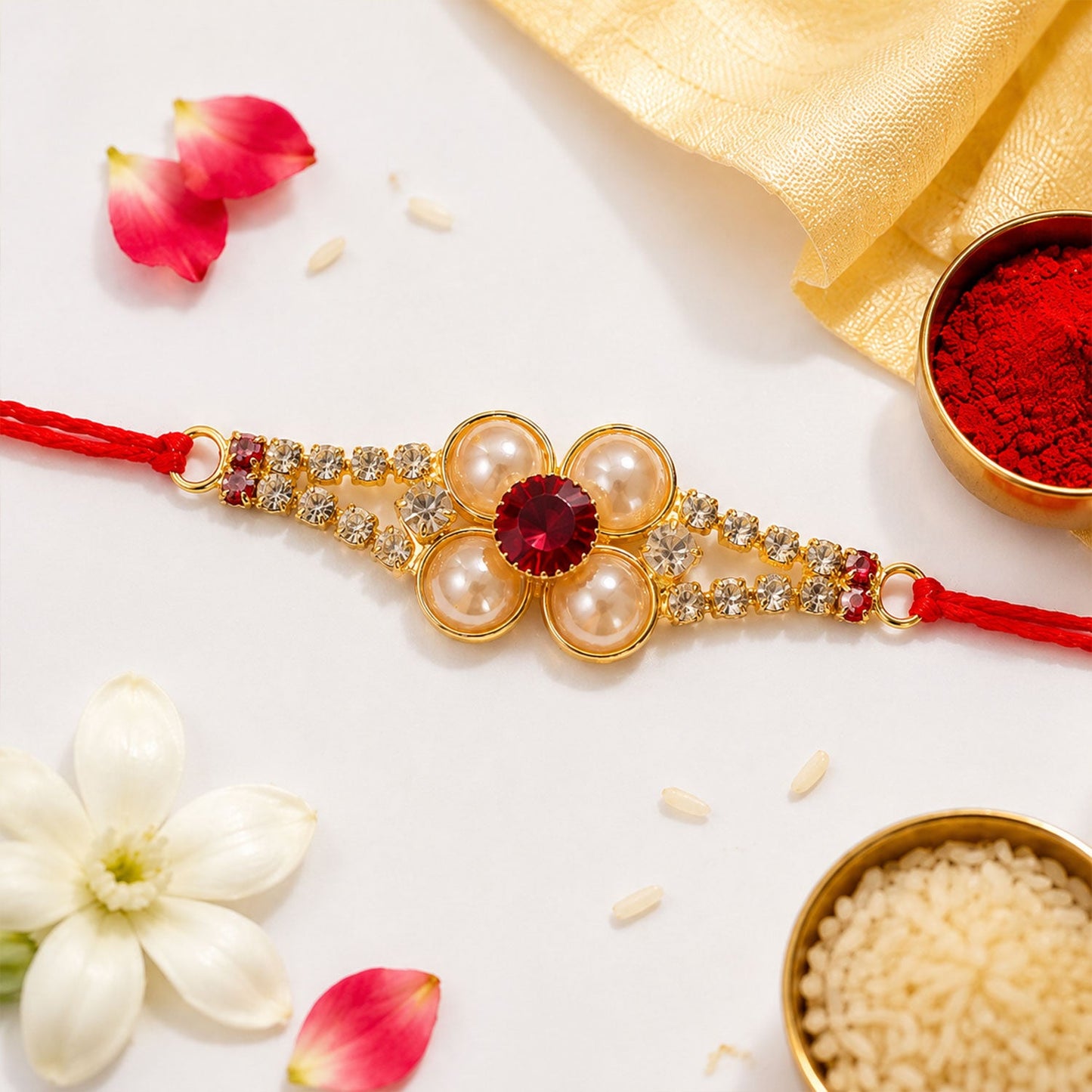 Designer Gold Pearl Flower Rakhi with AD Stones for Brother