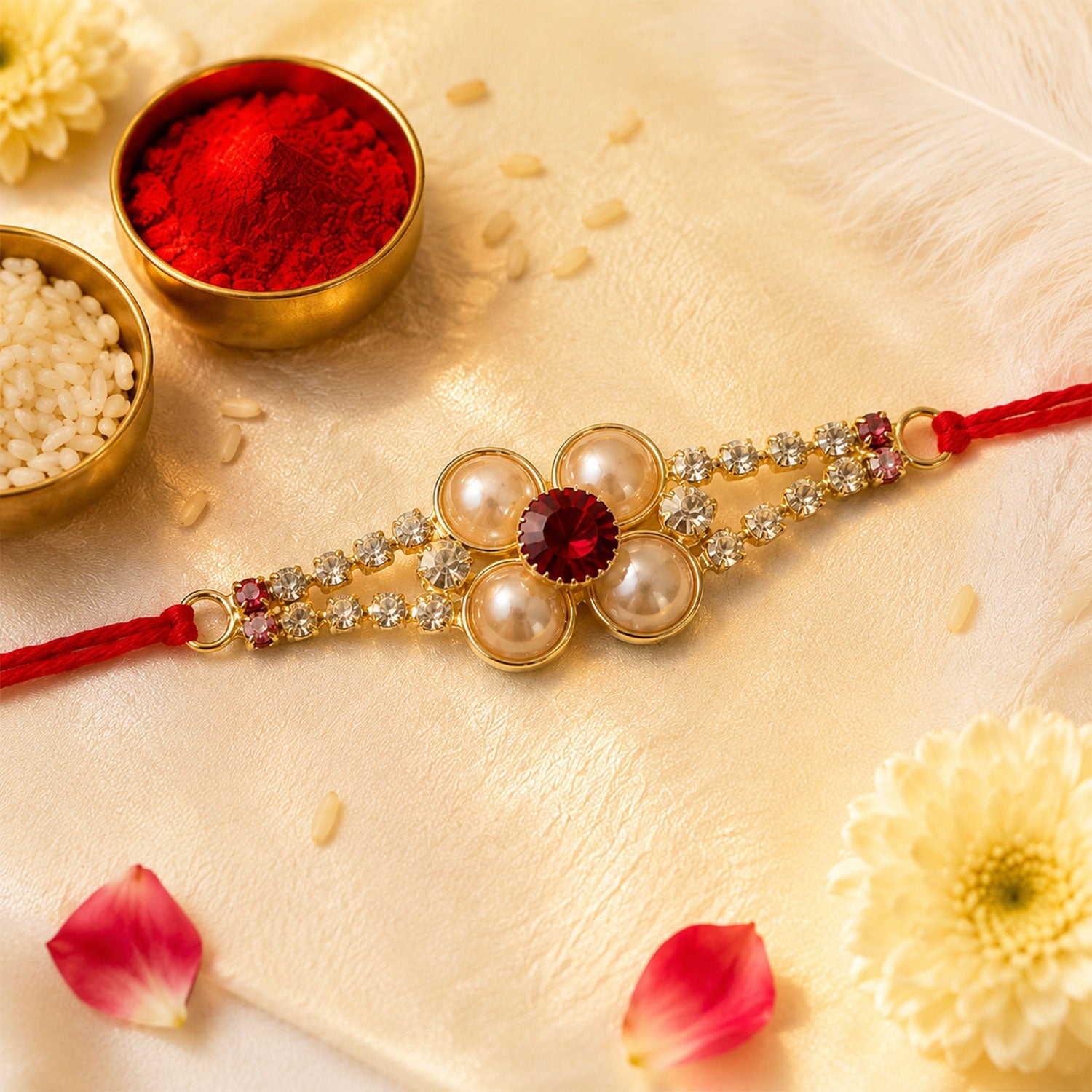 Designer Gold Pearl Flower Rakhi with AD Stones for Brother