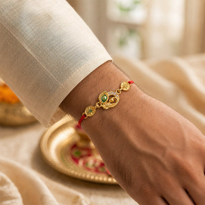 Golden Peacock AD Stone Rakhi with Meenakari for Brother