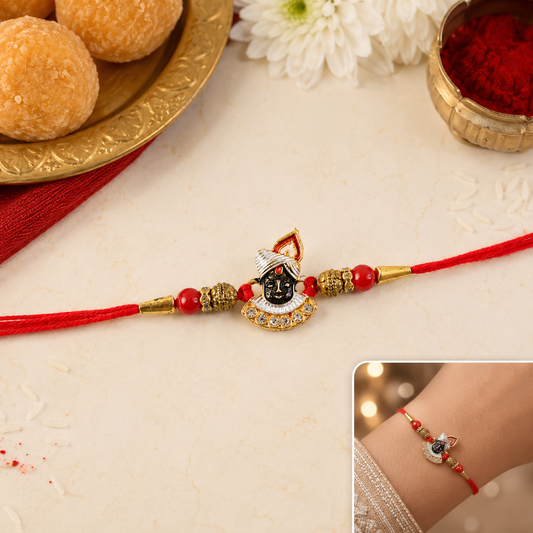 Divine Face Rakhi with AD Stones & Red Beads for Brother