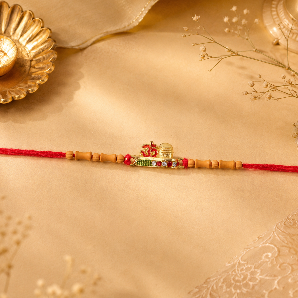 Simple Golden Om Rakhi with Beads for Brother - Raksha Bandhan Special