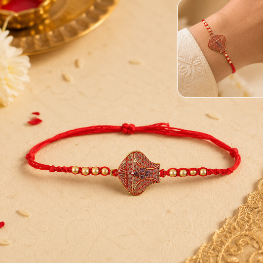 Antique Leaf-Shaped Jali Rakhi with Golden Beads for Brother