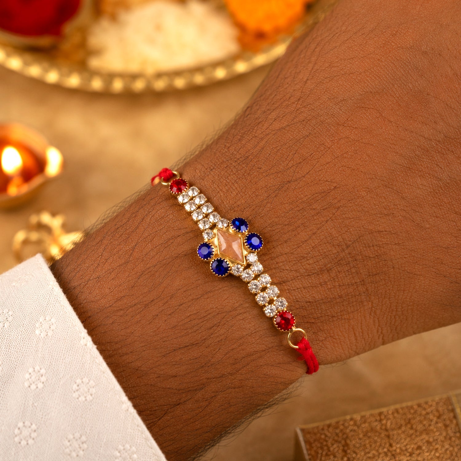Royal Blue & White AD Stone Rakhi for Brother - Rakshabandhan Gift
