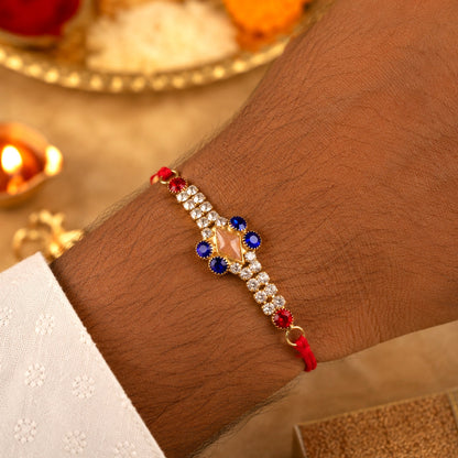 Royal Blue & White AD Stone Rakhi for Brother - Rakshabandhan Gift