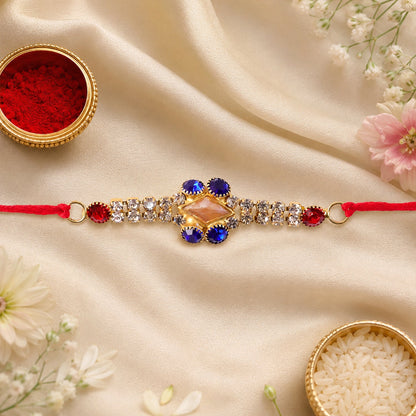 Royal Blue & White AD Stone Rakhi for Brother - Rakshabandhan Gift