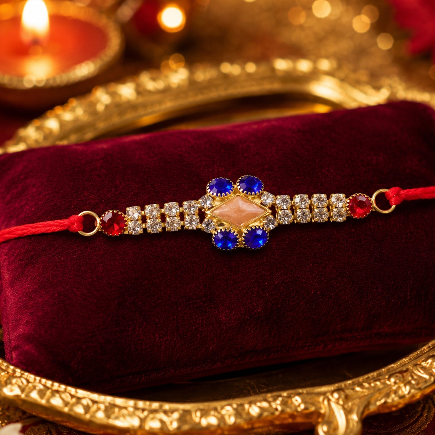 Royal Blue & White AD Stone Rakhi for Brother - Rakshabandhan Gift