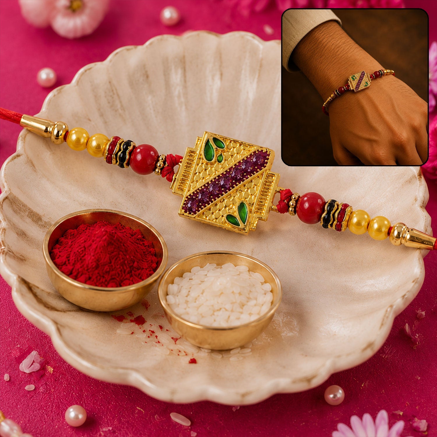 Golden Square Meenakari Rakhi with Beads for Brother
