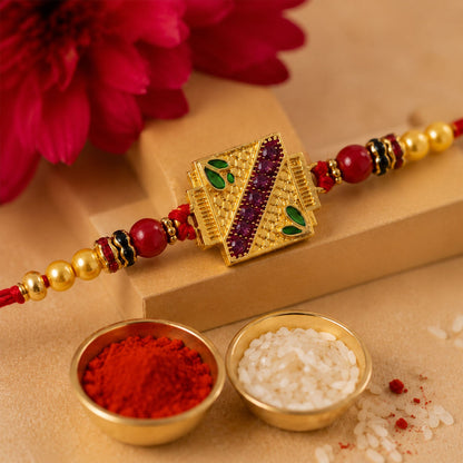 Golden Square Meenakari Rakhi with Beads for Brother