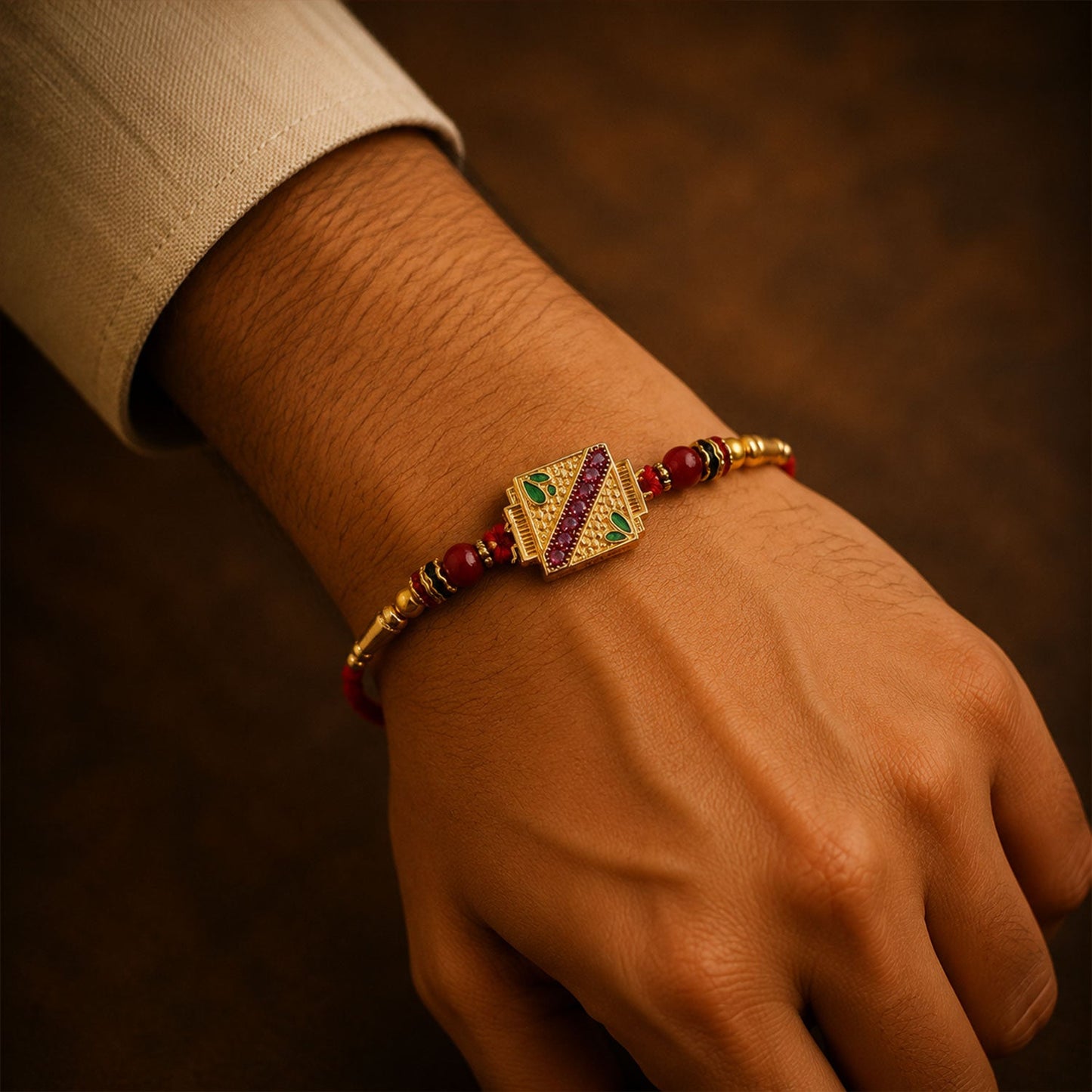 Golden Square Meenakari Rakhi with Beads for Brother